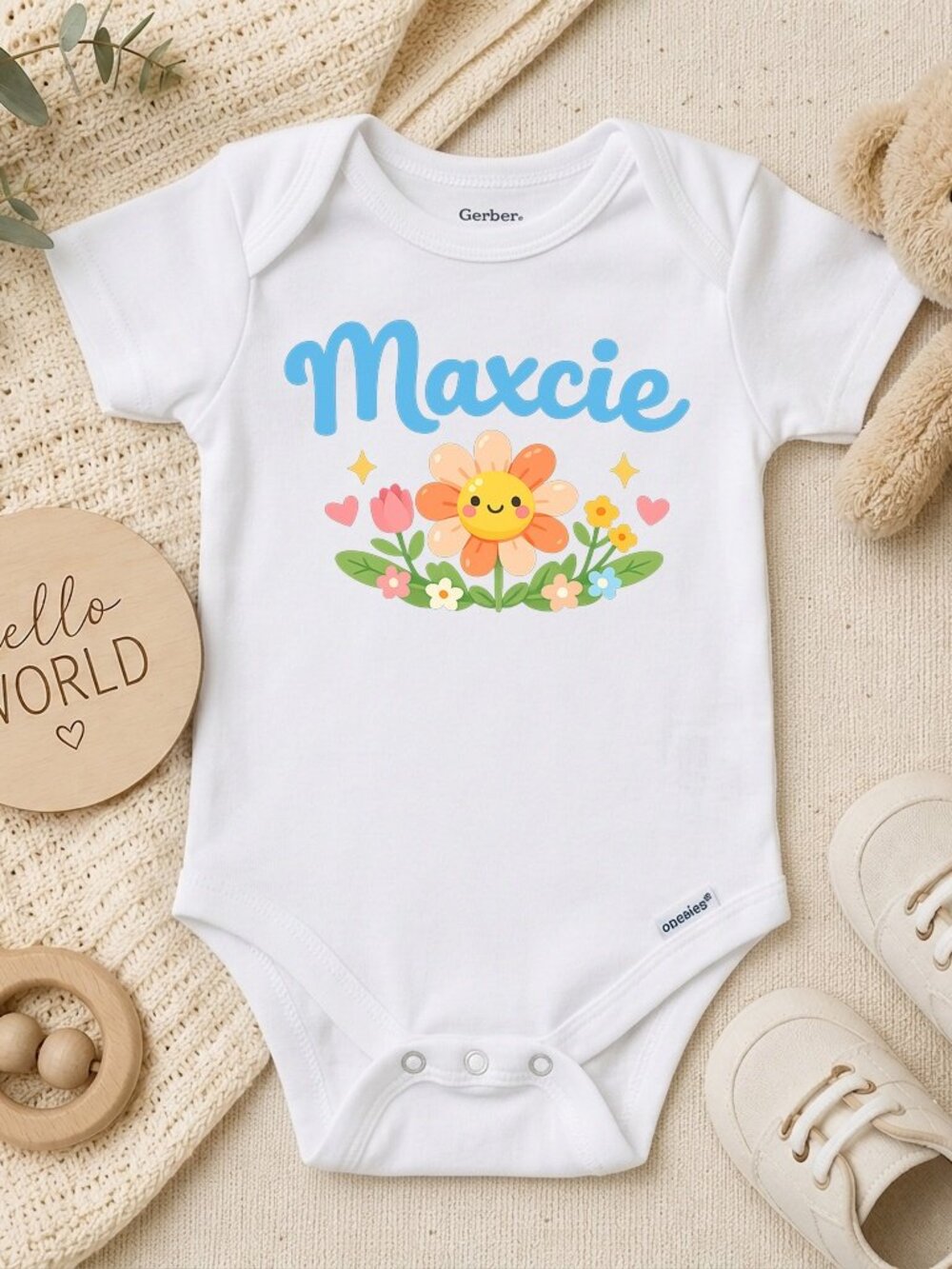 Custom Retro Flower Girls Personalized Yellow Baby Shower ONESIE®
